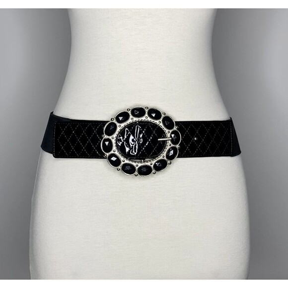 Ellen Tracy Belt Women M/L Genuine Leather Black Stone Buckle Elastic Stretch - Picture 1 of 7